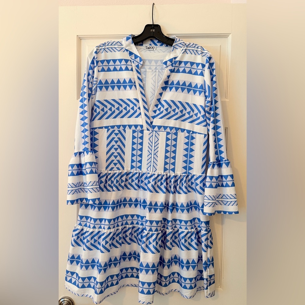Taboo Blue White Boho Geometric Tiered Bell Sleeve Mini Dress